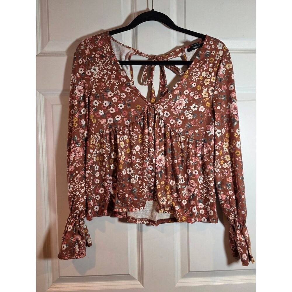 Forever 21 Floral Tie-Back Peplum Blouse - Rust Floral M